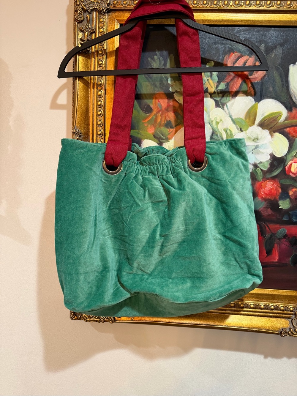 Embroidered Teal Velvet Tote with Wine Handles - Picture 2 of 4